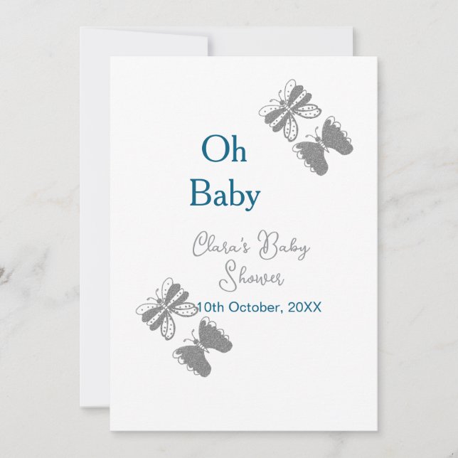 Grått-butterflublått babydusch baby modern text inbjudningar (Framsida)