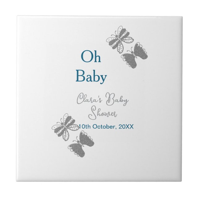 Grått-butterflublått babydusch baby modern text kakelplatta (Framsidan)