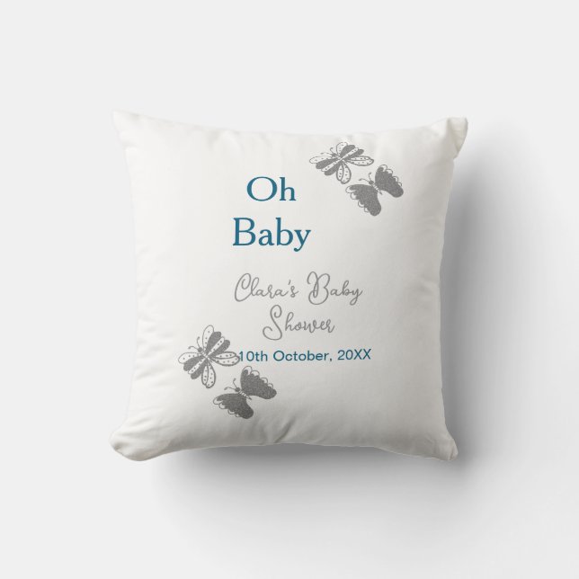 Grått-butterflublått babydusch baby modern text kudde (Framsida)