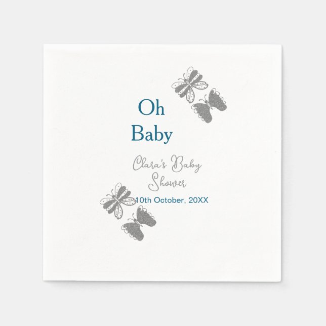 Grått-butterflublått babydusch baby modern text pappersservett (Framsidan)