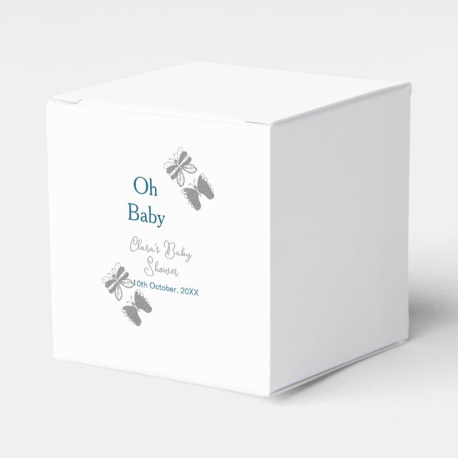 Grått-butterflublått babydusch baby modern text presentaskar (Framsidan Sidan)