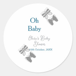 Grått-butterflublått babydusch baby modern text runt klistermärke