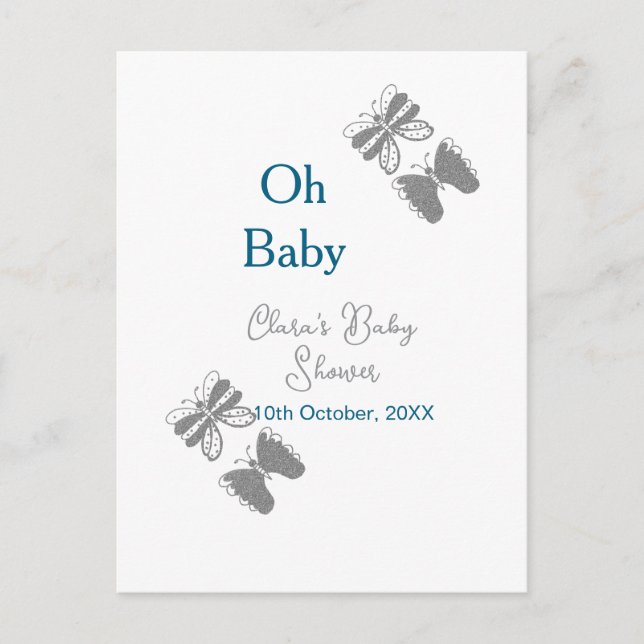 Grått-butterflublått babydusch baby modern text vykort (Framsida)