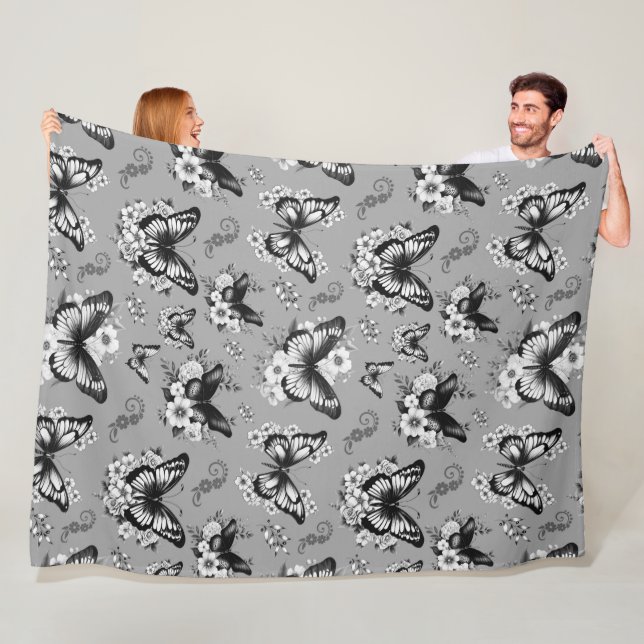 Grått Butterfly Mönster Fleece Blanket (På plats)