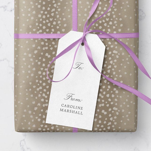Grått Calligraphy Type Simple and Elegant Presentetikett (Simple and sophisticated gift tag with gray calligraphy text and a pre-printed name)