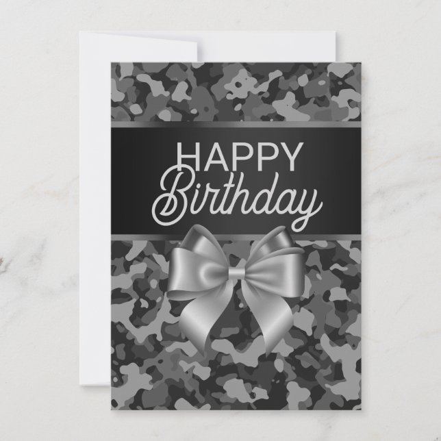 Grått Camo & Bow Grattis på födelsedagen Card Inbjudningar (Framsida)
