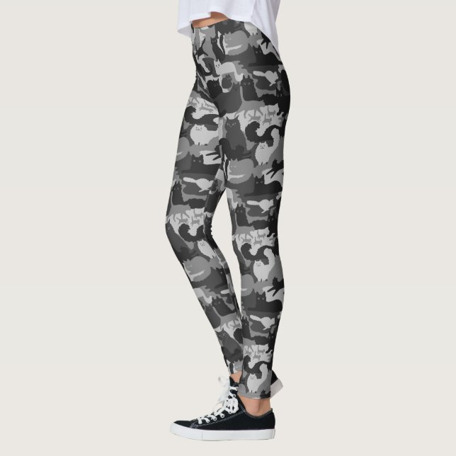 Grått Camouflage Cats Mönster Grått Kattunge Camo Leggings (Vänster)