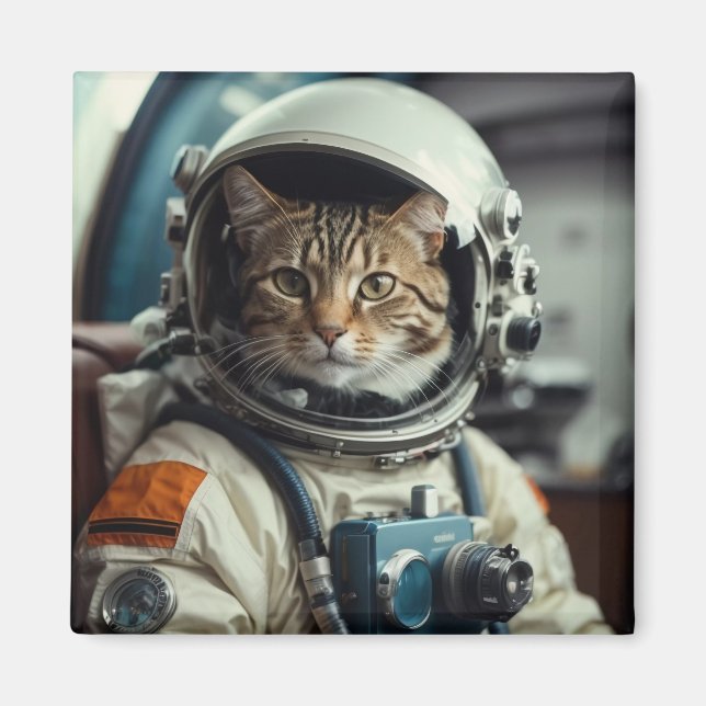 Grått Cat Astronaut i Rymden Magnet (Framsidan)
