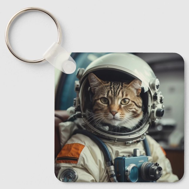 Grått Cat Astronaut i Rymden Nyckelring (Framsida)