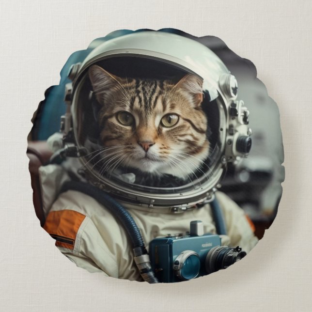 Grått Cat Astronaut i Rymden Rund Kudde (Framsidan)