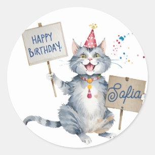 Grått Cat Birthday Sign - Customized Birthday Runt Klistermärke