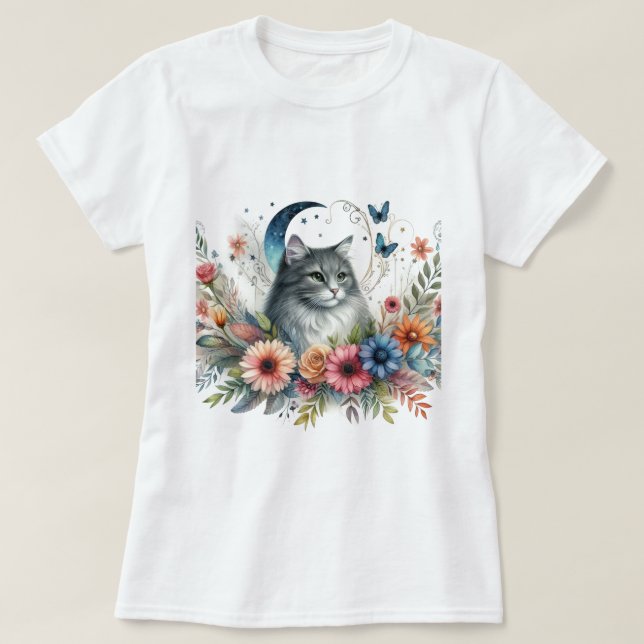 Grått Cat Blue Butterfly Blommigt T Shirt (Design framsida)