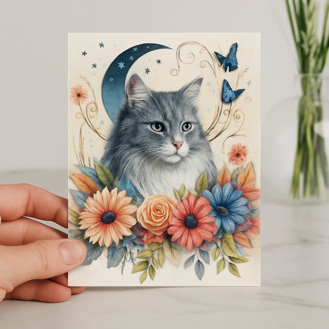 Grått Cat Butterfly Blommigt Kort (floral feline stationery for cat lover AI created)