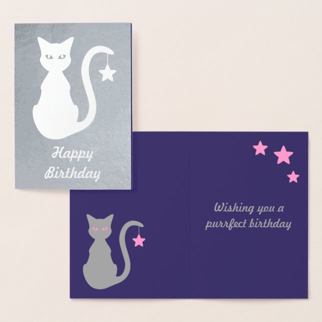 Grått Cat Foil Birthday Card Folierat Kort (Display)