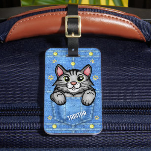 Grått Cat i Faux Denim Pocket med eget namn Bagagebricka