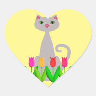 Grått Cat i Vår blommor Hjärtformat Klistermärke