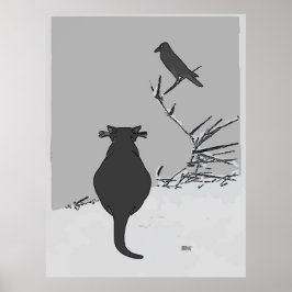 Grått Cat in Yard with Bird Poster