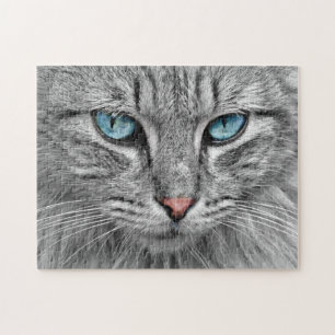 Grått Cat med blå Ögon Pussel