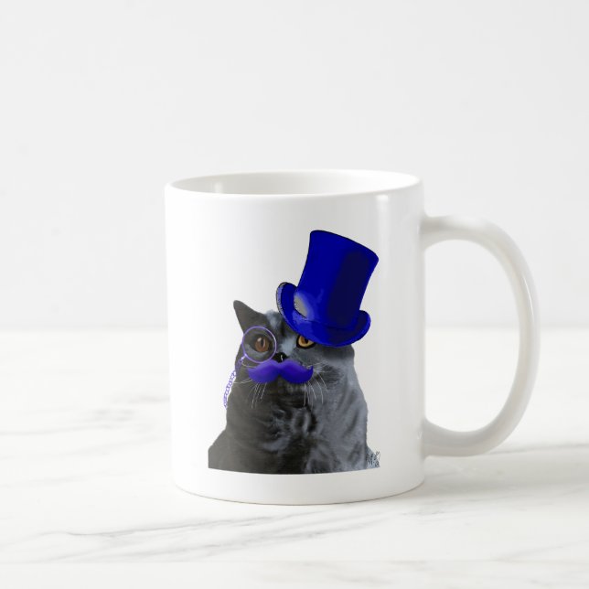 Grått Cat med blå Top hat och blå mustache Kaffemugg (Höger)