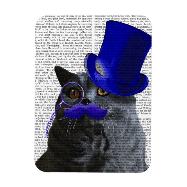 Grått Cat med blå Top hat och blå mustache Magnet (Vertikal)