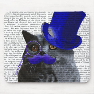 Grått Cat med blå Top hat och blå mustache Musmatta