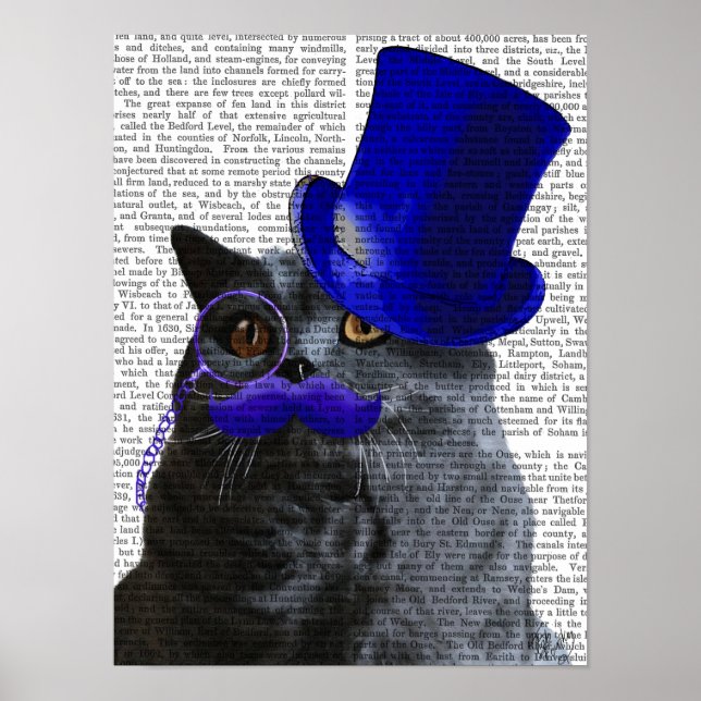 Grått Cat med blå Top hat och blå mustache Poster (Framsidan)
