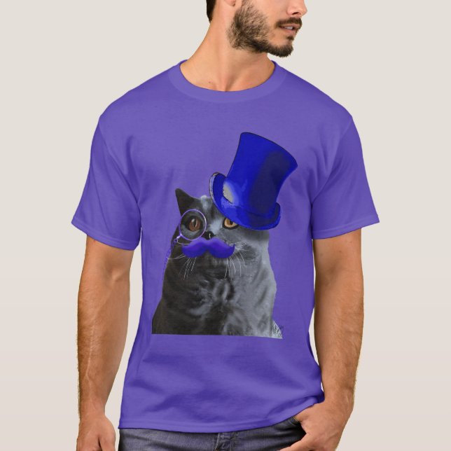 Grått Cat med blå Top hat och blå mustache T Shirt (Framsida)