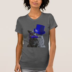 Grått Cat med blå Top hat och blå mustache Tee Shirt
