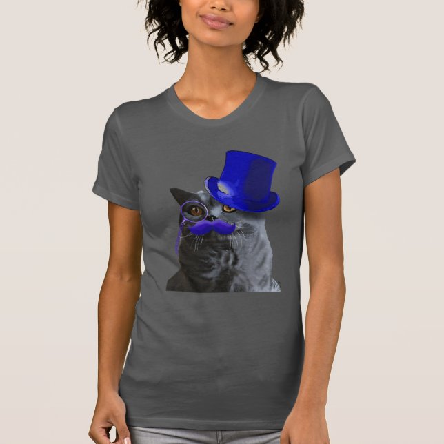 Grått Cat med blå Top hat och blå mustache Tee Shirt (Framsida)
