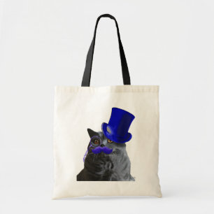 Grått Cat med blå Top hat och blå mustache Tygkasse