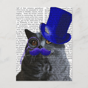 Grått Cat med blå Top hat och blå mustache Vykort