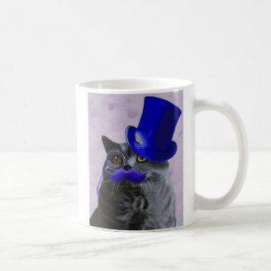 Grått Cat med blå Top hat och mustache Kaffemugg