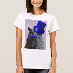 Grått Cat med blå Top hat och mustache Tee