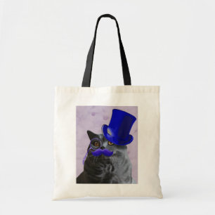 Grått Cat med blå Top hat och mustache Tygkasse