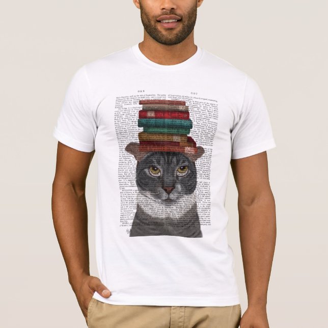 Grått Cat med Bokar på huvud T Shirt (Framsida)