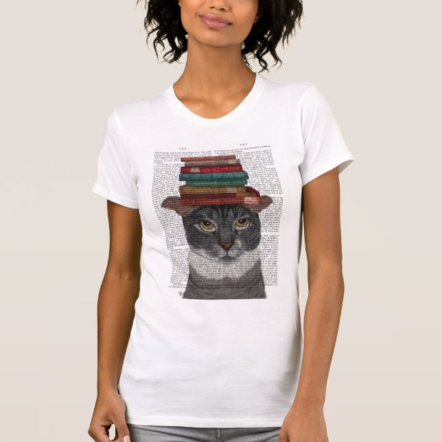 Grått Cat med Bokar på huvud T Shirt (Framsida)