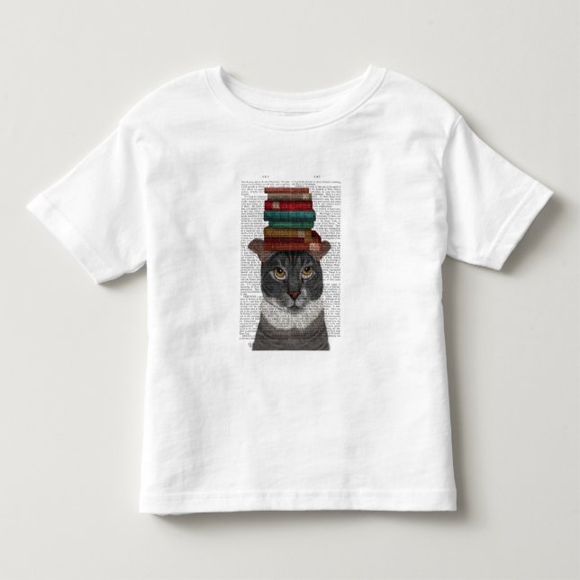 Grått Cat med Bokar på huvud T Shirt (Framsida)