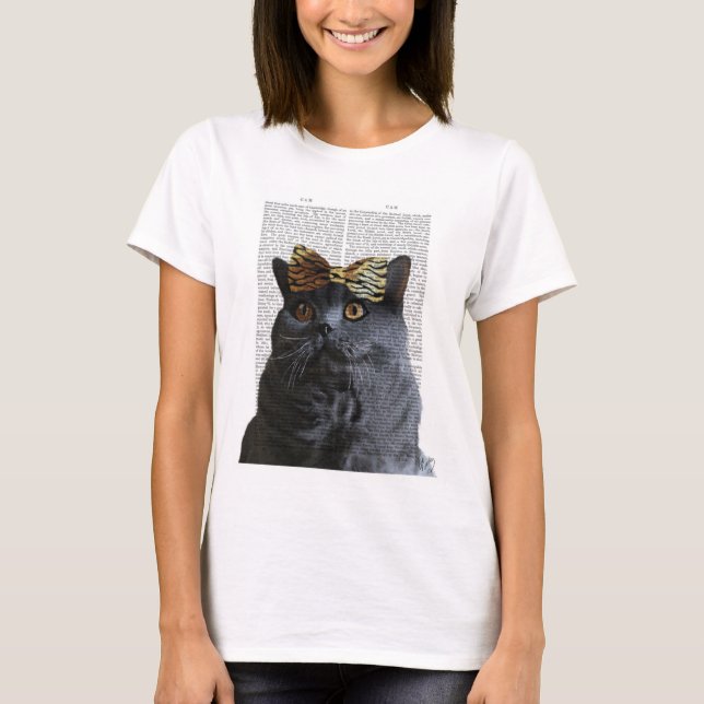 Grått Cat med Leopard Bow T-shirt (Framsida)