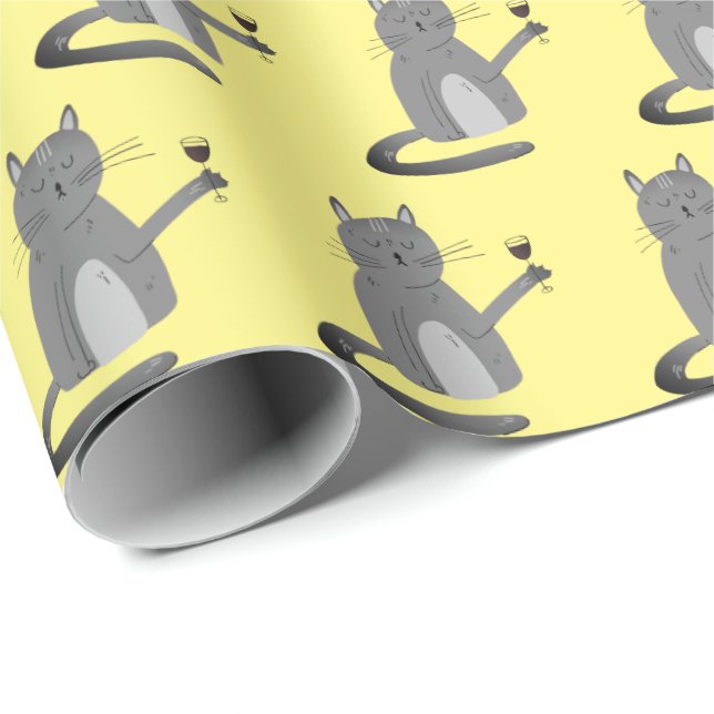 Grått Cat med Papper insvällning av röd Vin Presentpapper (Rullad Hörn)