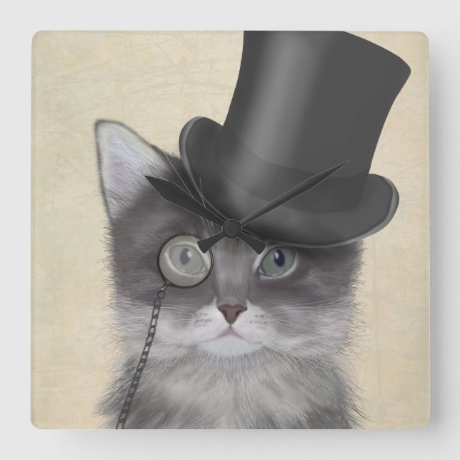 Grått Cat med Top hat Fyrkantig Klocka (Framsida)