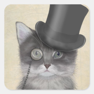 Grått Cat med Top hat Fyrkantigt Klistermärke