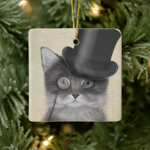Grått Cat med Top hat Julgransprydnad Keramik