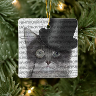 Grått Cat med Top hat Julgransprydnad Keramik
