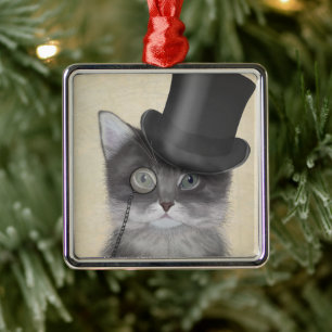 Grått Cat med Top hat Julgransprydnad Metall