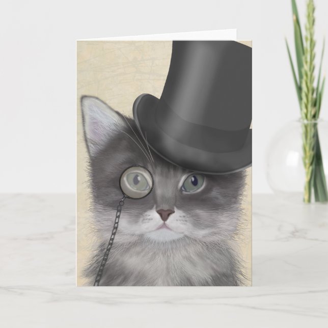 Grått Cat med Top hat Kort (Framsida)