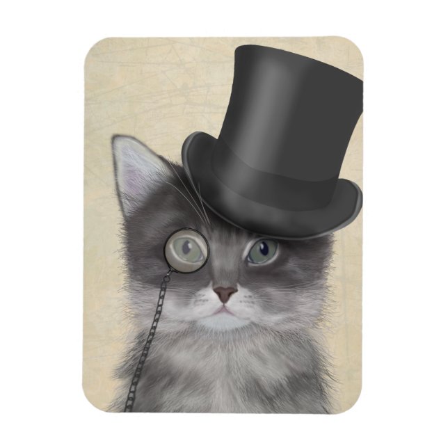 Grått Cat med Top hat Magnet (Vertikal)