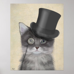 Grått Cat med Top hat Poster