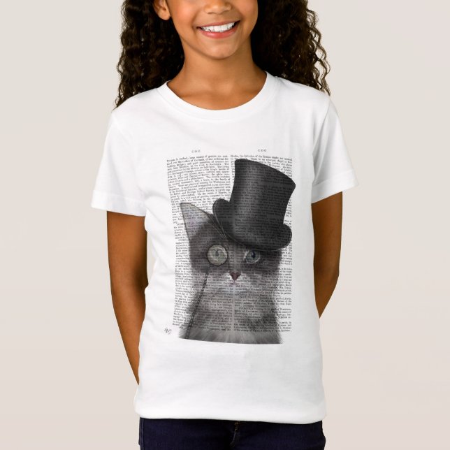 Grått Cat med Top hat T Shirt (Framsida)