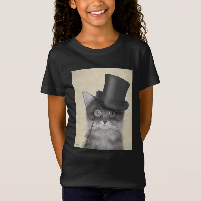 Grått Cat med Top hat T Shirt (Framsida)