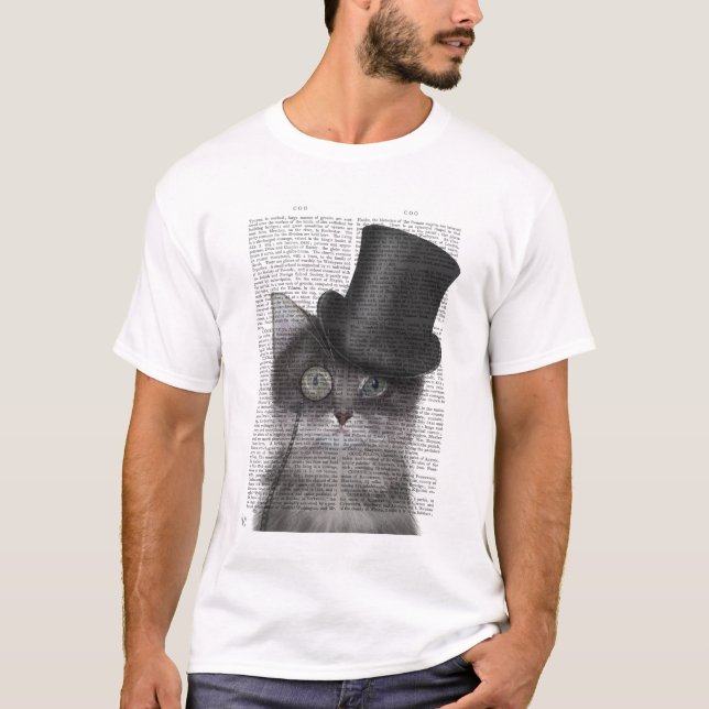 Grått Cat med Top hat T Shirt (Framsida)